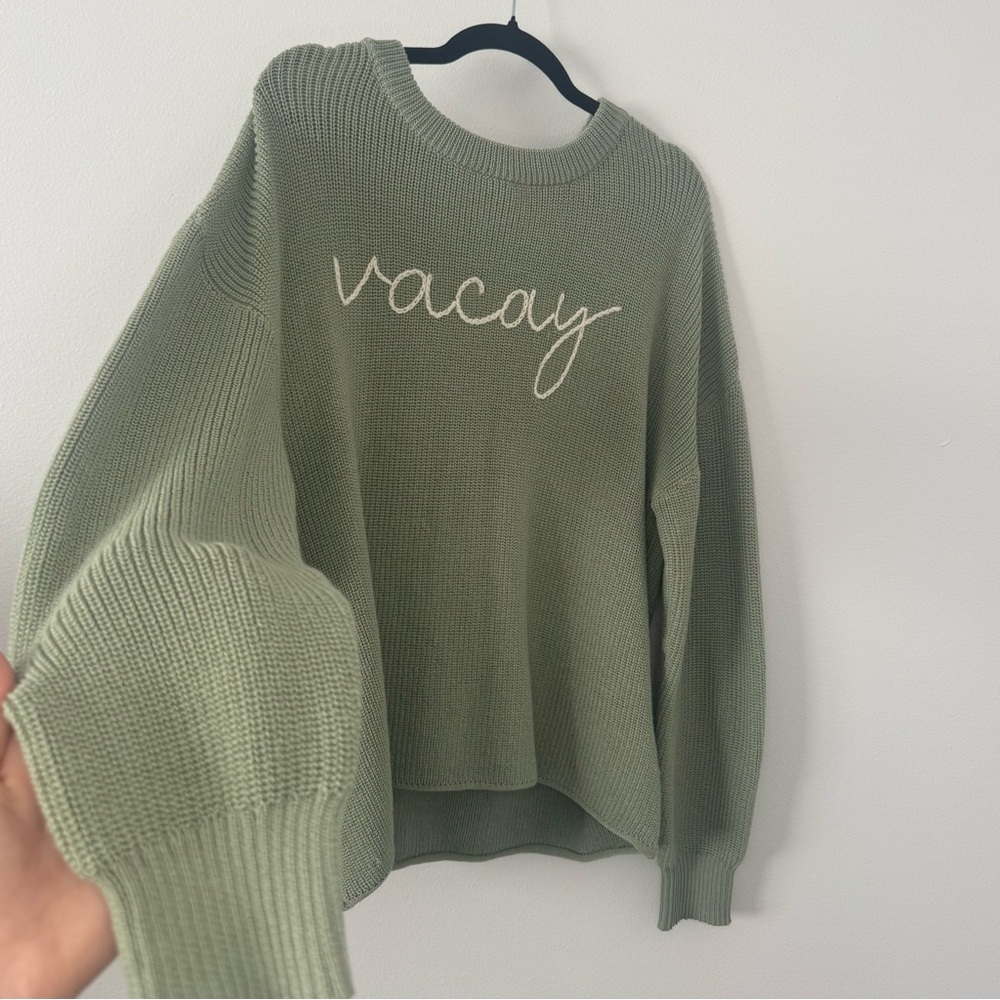 Sage Green Vacay Graphic Knit Sweater M/L Relaxed Fit Lightweight Crewneck - Picture 3 of 5